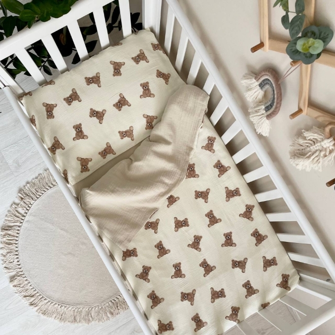 Set lenjerie de schimb pentru patut bebe 3 piese Teddy bej (1)